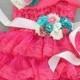 coral ivory aqua dress sash headband SET,lace girl Dress,baby dress,Flower girl dress,First 1st Birthday Dress, girls photo outfit