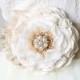 Fabric Flower Wedding Sash with Vintage Pearl and Rhinestone Brooch, Floral Bridal Belt, Ivory White, Wedding Dress Belt, Brooch, Corsage