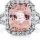Morganite Ring 9X11mm AAA VVS2 Cushion Cut Peach Pink Morganite Split Shank 14kt White Gold 5.64cttw Diamond Halo Engagement Wedding Ring