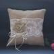 Wedding ring pillow - Ringbearer pillow in burlap / hessian and white lace with burlap flower and white ribbon embellishment