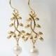 Pearl Gold Branch Dangle Earrings, AA, Mothers Day Jewelry Gift under 20