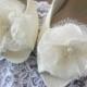 Fabric flower shoe clips or bobby pins. Ivory organza and lace wedding accessories, special occassion