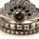Modern Diamond Fan Engagement Ring - Palladium White Gold with Black Diamonds, White Diamonds and Green Diamonds - 2 Pyramid Side Bands