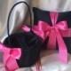Custom Colors Flower Girl Basket and Romantic Satin Ring Bearer Pillow Combo...You Choose The Colors..Shown in midnight blue/hot pink