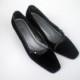 Vintage Velvet Pumps Shoes Heels / Black Square Toe Formal Wedding Party Mad Men Jackie O style Rhinestone Bow Detail / US 7 Euro 37 38 UK 5