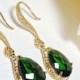 Emerald earrings - Czech glass -14k Gold over Sterling Cubic Zirconia encrusted earwires - Beautiful high Quality jewelry -