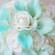 Silk Flower Wedding Bouquet - Tiffany Blue Calla Lilies and Roses Natural Touch with Crystals Silk Bridal Bouquet