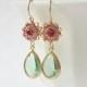 Pink Green Crystal Gold Drop Earrings, AA, Mothers Day Jewelry Gift