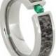 Titanium Ring with Tension Set Emerald Gemstone and Antler inlay, Engagement Ring