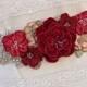 Bridal Sash, Wedding Sash in Champagne And Red with Crystals and Pearls, Rhinestones, Bridal Belt-Sabrina