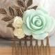 Wedding Hair Comb Mint and Ivory Bridal Accessories Bridesmaid Gift Romantic Vintage Inspired Big Aqua Mint Rose Hair Piece Flower Hairpiece