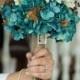 Teal Hydrangea bouquet, rustic country bouquet cream and chocolate accent flowers, tied with burlap