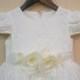 Flower Girl Dress - IVORY Short Sleeve Dress with Hand-flower- Easter, Junior Bridesmaid, Wedding - From Toddler to Teen