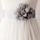 Bridal Couture - Silver Grey Lace Flower Ribbon Sash Belt - Wedding Dress Sashes Belts - Posh Double Sided Ribbon - Metal Grey Gray Charcoal
