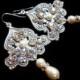 Bridal earrings, Chandelier earrings, Wedding jewelry, Antique silver filigree earrings, Pearl and crystal earrings