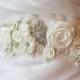 Ivory Bridal Sash, Wedding Belt, Antique White Flower Sash, Pearls and Crystals - LAURA