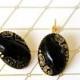 Black and Gold Oval Vintage Glass Lever Back Drop Dangle Earrings - Wedding, Bridal, Bridesmaid