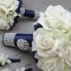 Reserved - Navy White Wedding Flowers Bridal Bouquet Stephanotis Real Touch Roses Calla Lily Maid of Honor Bouquet Boutonnieres Corsages