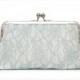Grey lace purse, ivory silk clutch, something blue, winter wedding, large size purse, bridal clutch, silver kisslock frame