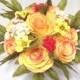 Yellow paper Roses with rose colored tips and silk flowers for a lovely bouquet , Vintage themed wedding bouquets with dried flowers