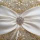 Wedding Ring Pillow with Rhinestone Detail, Ivory Satin Sash Cinched by Crystals - The ANGELINA Pillow