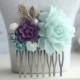 Large Mint Rose, Dark Purple, Dusty Blue, Ivory Amethyst, Light Mint Flowers Hair Comb. Bridesmaid Gifts Mint Wedding, Purple and Mint Green