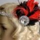 Splendor red and black 1920s Rhinestone headband,Bridal Feather Fascinator,beaded Headband,1920 Headpiece Bridal fascinator headband Wedding