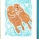 Otters Holding Hands Hand Printed Card - Wedding, Engagement, or Save the Date in Teal and Brown