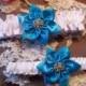 Turquoise Wedding Garter set, White with Star Flower in Turquoise, Wedding Garter Set, All a Heart Desires Original Bridal Garter Set
