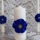 Wedding Unity Candle set with handmade 5 petal Roses in Royal Blue and Rhinestone Mesh Trim, Made to Order
