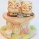 Wedding Cake Topper - Two Tiny Owls on a Heart Log in Porcelain