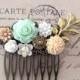 Wedding Bridal Accessories Mint Green Ivory Cream Gold Hair Comb for Bride Floral Collage Vintage Style Romantic Flower Statement Headpiece