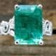 Large Emerald Engagement Ring in 14K White Gold with Diamonds Small Emeralds and Fine Scroll Work Size 5 - Reserved for RYAN - Installment