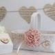 Flower girl basket and ivory ring bearer box set with wedding ring pillow blush flower and lace trim.