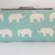 Blue Green Elephant Print Organic Cotton Clutch Purse with Nickel/Silver Frame, White Elephant, Bridesmaid, Wedding, Special Occasion