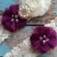 PLUM flower  / IVORY  chiffon / wedding garter set / bridal  garter/  lace garter / toss garter included /  wedding garter