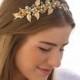 One of a Kind Gold Wedding Beaded Tiara with Vintage Jewelery Brass Leaves and Champagne Pearls Vintage Wedding Hair Accessory Gold Headband