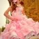 Flower Girl Dress, Girls Wedding Dress, Pink Satin Dress, Girls Feather Dress, Pink and White Dress, Pageant Dress,