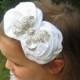 White Flower Headband, Satin Rosette Duo w/ Rhinestone Bow Stretchy Headband, Baptism, Christening, Wedding, Baby Child Girls Headband
