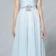 Muted Blue Beaded Long Chiffon Flower Attached Bridesmaid Dress