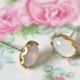 Vintage Oval Opal Glass  Brass Scalloped White Rhinestone Post Earrings, Bridal earrings,Bridesmaid Earrings