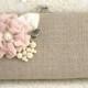 Linen Clutch, Handbag, Bag, Bridesmaids, Blush, Silver and Ivory Bridesmaids Clutch Shabby Chic Rustic Wedding- Vintage Inspired
