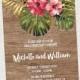 Tropical Engagement Party Invitation, Vintage, Rustic, Hibiscus, Palm Frond, Tropical
