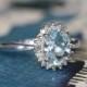 Diamond and Aquamarine Halo Engagement Ring in 14k White Gold Oval Aquamarine Ring March Birthstone Gemstone Ring, Size 7 (Resizable)