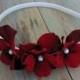 Flower Headband Burgundy Red Hydrangea Flowers on a Ivory Satin Ribbon Wrapped Headband Wedding Accessories Bridesmaid Flower girl