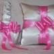 White Satin With Hot Pink Ribbon Trim Flower Girl Basket And Ring Bearer Pillow