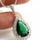 Emerald Green Wedding Necklace Bridal Jewelry with Large Cubic Zirconia Teardrop Necklace Pendant Silver Wedding Jewelry