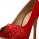 Red Wedding Shoes,Red Bridal Heels,Red Satin Lace Wedding Shoes, Red Lace Bridal Heels