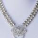 Bridal Pearl Rhinestone Necklace Double Strand Wedding Jewelry Crystal Flower Pendant NK013LX