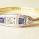 Art Deco Diamond, Platinum & Sapphire Trilogy Engagement Ring, Platinum and 18k Gold Ring, Approximate Size US 8.25